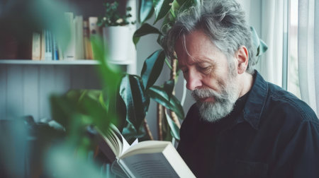 A mature man is engrossed in a book, surrounded by lush indoor plants. The scene features soft, natural lighting, creating a warm ambiance. The image has a neutral color palette, enhancing the focus on the subject and suggesting possibilities for editorial and commercial use.の素材