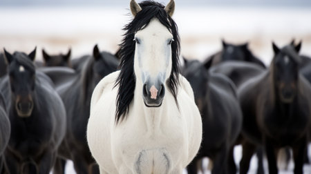 A striking white horse with a black mane and tail stands in sharp contrast against a blurred background of dark horses. The composition highlights the animal's features with focused lighting. The image suggests a cold, possibly snowy environment. It could be suitable for various commercial or editorial applications.の素材