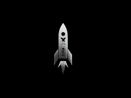 A silver rocket ship, stylized with metallic textures, ascends against a stark black backdrop. The composition is centered, creating a sense of upward movement. The illustration uses strong contrast and clean lines. This image might be suitable for projects related to technology, exploration, or future concepts.の素材