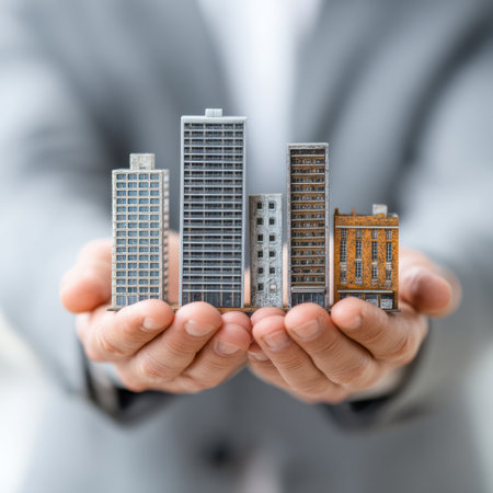 A person holds several miniature buildings, likely skyscrapers, in their hands, suggesting ownership or presentation. The image showcases buildings with detailed facades in various styles. The composition focuses on the hands and miniature structures against a blurred background, possibly suitable for business or investment-related content.の素材