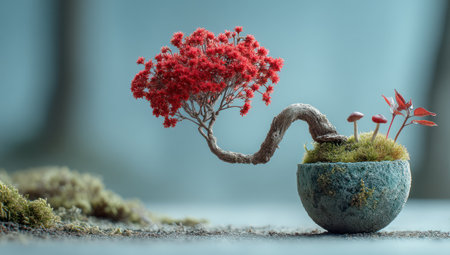 A close-up captures a miniature bonsai tree in a small ceramic pot. The tree features vibrant red foliage, a winding trunk, and rests on a bed of green moss. The composition is set against a soft, blurred background, highlighting the tree's intricate details and textures. This image is suitable for various commercial uses, including artistic or decorative themes.の素材