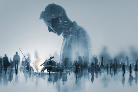 A silhouette of a man engrossed in his laptop, merged with an overlay of a cityscape. The image employs cool tones with a soft, diffused lighting effect. This visual composition suggests business concepts, possibly related to technology or urban development. Suitable for illustrating ideas related to commerce or editorial content.の素材