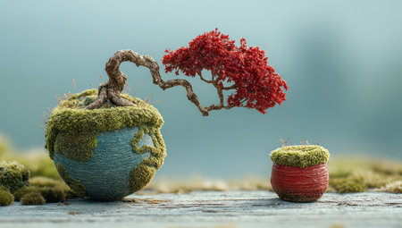 A close-up view presents a miniature bonsai tree with bright red leaves and a textured trunk, set in a moss-covered pot. The image features soft lighting, a shallow depth of field, and a blurred background. The scene suggests a tranquil environment suitable for creative or editorial applications.の素材