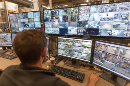 A man is seated at a desk, focused on multiple computer monitors displaying security camera feeds. The scene showcases a control room environment with various screens showing different views. The composition includes a variety of colors, from the bright screens to the man's dark clothing. This image is suitable for commercial uses.の素材
