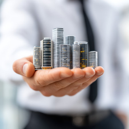 A person's hand carefully holds a collection of miniature buildings. The models display a variety of architectural styles and textures. The composition uses shallow depth of field, with soft focus on the background. This image could be used for illustrating concepts related to urban planning, investments or economic growth.の素材
