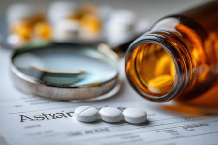This image presents pills, a magnifying glass, and a pill bottle on a paper with text. The composition features a shallow depth of field, with soft focus elements and warm lighting. It suggests a medical or pharmaceutical theme, suitable for use in healthcare publications, websites, or advertising related to medicine and health.の素材