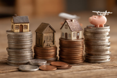 This image shows several stacks of coins, each supporting a miniature house, along with a piggy bank. The composition features various shades of brown and gray, with close-up focus and soft lighting, creating a warm, inviting atmosphere. This scene is suitable for illustrations about finance and real estate.の素材