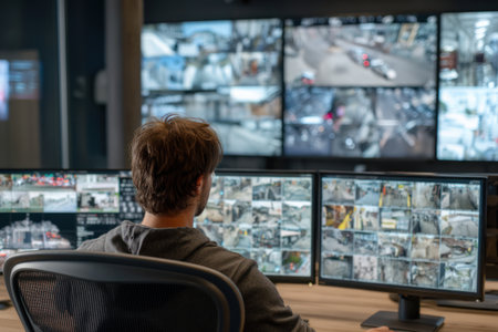 A man observes multiple computer screens displaying surveillance footage. The scene is illuminated by the screen light, showcasing a professional interior. The composition focuses on the individual's back, creating a sense of monitoring and observation. Suitable for various editorial and commercial applications related to security.の素材
