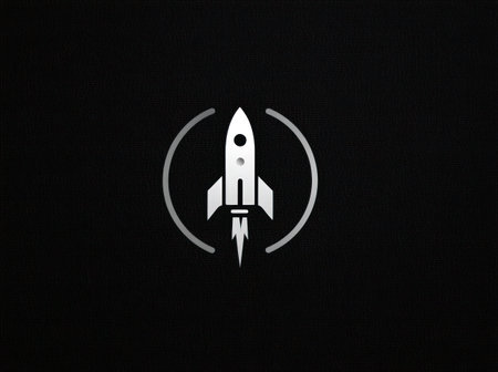 A minimalist metallic rocket icon is centered against a solid black backdrop. The graphic features clean lines and a modern design. The composition emphasizes simplicity, with a focus on the rocket's form. This image could be used for websites, presentations, or various media related to business, innovation, and technological themes.の素材