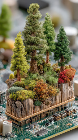 A close-up photograph displays a small forest scene built on a computer circuit board. Various trees, greenery, and plant life are visible, exhibiting vibrant greens and browns. The composition is well-lit, suggesting a studio setting, and is suitable for illustrating themes related to technology and the environment.の素材