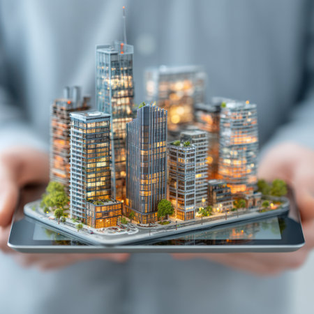 A miniature cityscape model rests on a tablet held by a person. The scene displays various buildings with lights, possibly at dusk. The overall composition is a detailed, close-up shot, emphasizing the technology and miniature representation. This image could be suitable for articles related to architecture, technology or urban planning.の素材