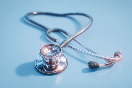 A silver and black stethoscope rests on a light blue background. The medical instrument is viewed from an overhead angle, highlighting its intricate design. Soft lighting creates subtle shadows. This image could be used in healthcare-related advertising or educational materials.の素材