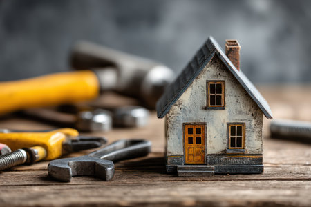 A miniature house sits beside various tools on a wooden surface. The composition presents a focus on home improvement and repair. The image showcases tools like a wrench and hammer, indicating construction concepts. The warm colors and textures suggest a domestic setting suitable for various commercial purposes.の素材