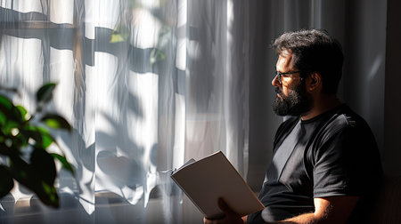 A man is shown indoors, near a window with sheer curtains. He is holding a book and appears to be reading in the soft, natural light. The scene features a combination of light and shadow. The image is suitable for various commercial uses, including editorial and promotional content.の素材