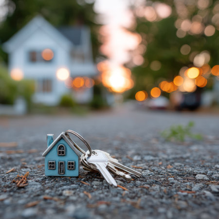 A close-up captures a miniature house with keys placed on a textured asphalt surface. The scene features shallow depth of field, showcasing the house in focus. The background is softly blurred, possibly depicting a street with trees and natural light. It may be used for real estate concepts.の素材
