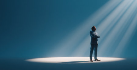 A man stands in a spotlight, arms crossed, set against a solid blue backdrop. The image utilizes dramatic lighting effects with overhead beams illuminating the subject. The composition suggests an indoor setting. This imagery can be suitable for various commercial or editorial applications.の素材