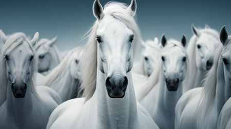 A striking close-up showcases a herd of pure white horses. The image is characterized by soft lighting and a predominantly cool color palette. The horses' flowing manes and expressive faces add depth and visual interest. Suitable for various creative and commercial applications.の素材