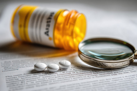 A close-up view presents a medicine bottle, pills, and a magnifying glass placed on a document. The composition shows shallow depth of field, with soft focus on some elements. The lighting appears natural, suggesting an indoor setting. This image could be used for medical publications or healthcare advertising.の素材