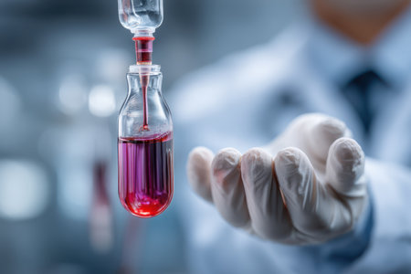 A close-up captures a vial being filled with a reddish liquid, likely for medical analysis. The scene shows the hands of a person wearing gloves and a lab coat. The image employs soft lighting, conveying a sense of scientific precision and medical research. This imagery is suitable for various healthcare or scientific-related applications.の素材