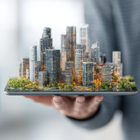 A person's hand holds a miniature cityscape, featuring detailed skyscrapers and buildings. The composition showcases a close-up perspective with soft lighting and a blurred background. This image could be suitable for illustrating concepts related to urban planning, real estate, or technology, offering visual content for various applications.の素材