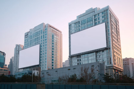 Two contemporary high-rise structures dominate the frame, each featuring a large, empty billboard. The scene is bathed in soft daylight, suggesting an outdoor setting. The buildings exhibit a modern architectural style, perfect for commercial advertising needs or editorial content. The clean lines and clear sky provide ample copy space.の素材