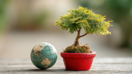A small bonsai tree in a red pot is positioned beside a miniature globe, set against a soft focus background. The scene showcases vibrant greens and earth tones, with shallow depth of field. This composition could be used for themes such as environment, sustainability, or education, suitable for diverse commercial projects.の素材