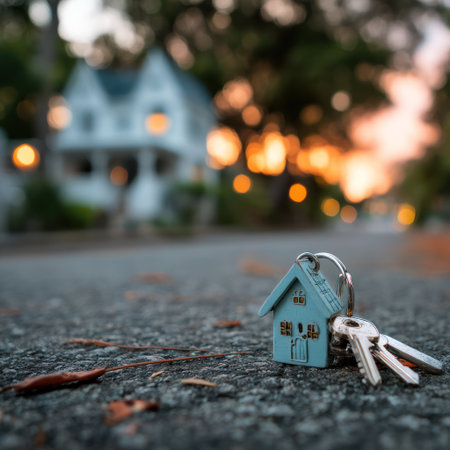 A miniature house with attached keys rests on a paved surface, with a larger house blurred in the background, set against the warm hues of a sunset. The composition uses shallow depth of field, creating a visual focus on the house and keys. The image could be used in various commercial or editorial contexts.の素材