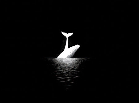 An illustration depicts a white whale surfacing from dark water. The image features a minimalist style with high contrast between the subject and the background. The scene presents a calm atmosphere, possibly at night. Suitable for various design projects, this image could serve commercial purposes or illustrate educational material.の素材