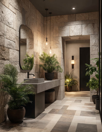 This image showcases a modern bathroom featuring stone walls, a rectangular sink, and lush greenery. The lighting creates a serene atmosphere. The composition emphasizes clean lines and textures, suggesting a space intended for relaxation. Suitable for interior design projects, architectural visualizations, or commercial applications.の素材