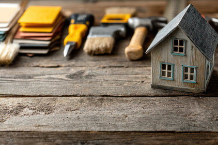 A small wooden house model sits beside various carpentry tools on a weathered wooden surface. The composition displays a range of tools including a hammer, brushes and a screwdriver. The lighting appears natural, suggesting a daytime scene. The image could be used for illustrating home improvement concepts.の素材