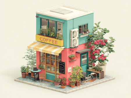 A detailed miniature coffee shop model is depicted, featuring a two-story structure with pastel colors and an inviting aesthetic. The model incorporates a striped awning, decorative plants, and an open door. The composition showcases a well-lit, studio-style setting, potentially suitable for editorial content or creative marketing applications.の素材
