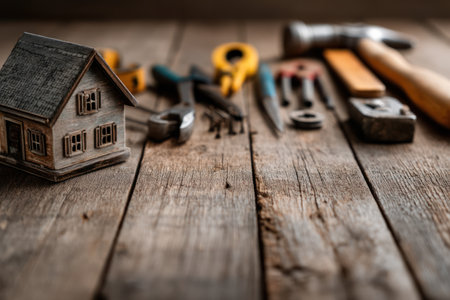 A miniature house sits alongside various tools, including a hammer, pliers, and screwdrivers, on a weathered wooden surface. The arrangement showcases a selective focus with natural light illuminating the scene. This image could be used in projects related to home improvement, construction, or real estate.の素材