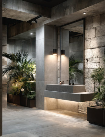 This image showcases a modern bathroom featuring a concrete design. Plants add a touch of nature to the minimalist space. The composition highlights a sink area with lighting and a large mirror. Ideal for architectural or design publications and various commercial applications.の素材