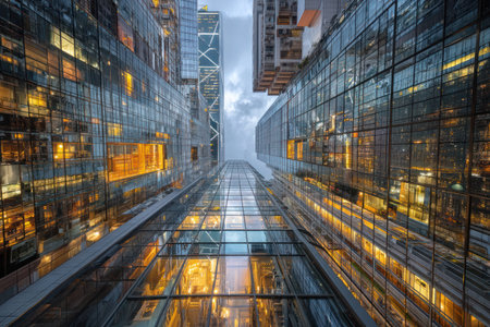 An upward perspective captures glass-clad skyscrapers. The buildings feature reflective surfaces and numerous lit windows in varying shades of orange and yellow, contrasting with a cloudy sky. The composition emphasizes lines and symmetry, suitable for architectural, technology, or urban lifestyle themes in commercial applications.の素材