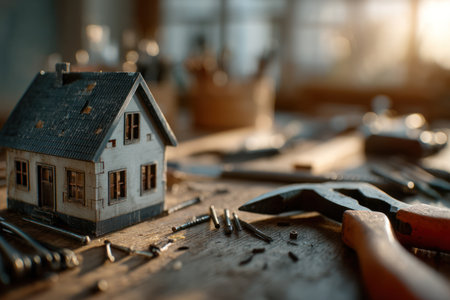 A detailed miniature house model rests on a workbench surrounded by various tools. The warm, soft lighting highlights the textures and details of the wooden surfaces and metal implements. This image could be used in projects related to construction, architecture, real estate, and home improvement, with the potential for editorial and commercial applications.の素材