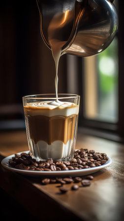 An image showcases coffee with milk being poured into a transparent glass. The beverage is set on a small plate surrounded by coffee beans. The scene is illuminated by soft lighting, suggesting an indoor setting. This image is suitable for promotional materials or editorial content.の素材