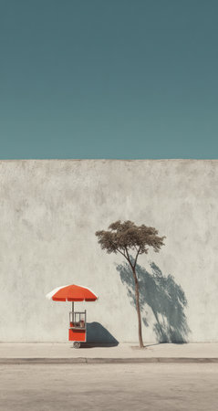 A vibrant red food stand stands beside a solitary tree, casting a shadow on the smooth surface below. The scene is bathed in bright sunlight, highlighting the minimalist composition against a light-colored wall. This image is suitable for various commercial uses, including advertising and editorial content.の素材