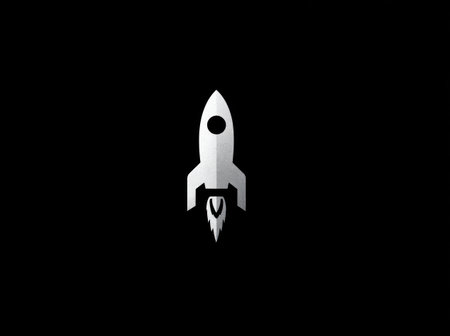 A simplified illustration depicts a white rocket ship against a stark black backdrop. The graphic features clean lines and a modern design. The composition emphasizes the contrast between the subject and the background. This image could be suitable for various applications, including website design and promotional material.の素材