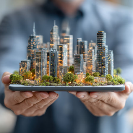 A detailed miniature urban cityscape featuring various skyscrapers and buildings is presented. The composition showcases the model held by hands against a blurred backdrop, emphasizing the contrast between the detailed model and the background. The scene suggests a daytime setting, potentially suitable for editorial or commercial projects.の素材