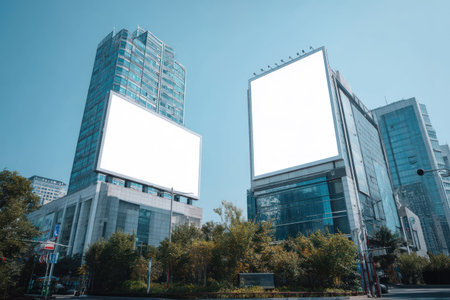 Two contemporary buildings feature large, blank digital billboards, set against a bright blue sky. The composition emphasizes architectural lines and modern design. The image showcases glass facades and trees, suggesting an urban environment, and offers copy space for promotional or advertising needs. Potential uses include commercial and editorial applications.の素材