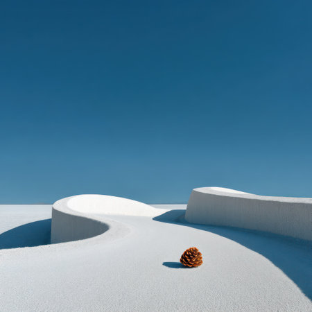 A minimalist composition showcases white architectural forms under a clear, bright blue sky. A single pine cone rests on the white surface, emphasizing the purity of the setting. The scene uses bold geometric shapes and strong lighting to create a visually striking image, suitable for various design projects.の素材