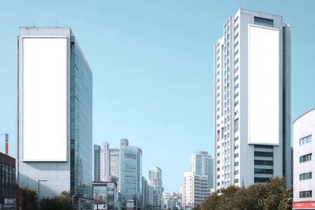 Two tall modern buildings feature large, empty advertising billboards set against a clear, blue sky. The composition showcases architectural lines and textures, bathed in bright sunlight. This image is suitable for various commercial uses, including promoting products or conveying messages within an urban context.の素材