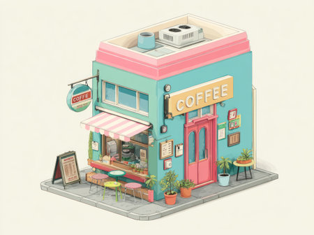 An isometric illustration depicts a small coffee shop with a teal facade and pink accents. The building features a sign that reads 'Coffee', a striped awning, and a red door. The artwork employs a clean, vector-style composition with a neutral background, suitable for diverse commercial uses.の素材