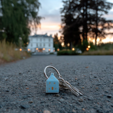A close-up captures a key ring with a miniature blue house pendant placed on a textured asphalt surface. In the background, a large white building is visible amidst trees, with a soft evening sky. The image uses a shallow depth of field, suitable for property or conceptual themes.の素材