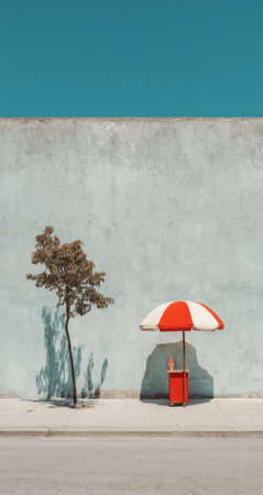 A striking composition features a small tree and a vibrant red and white umbrella set against a textured light-blue wall. The image showcases the interplay of shadows and the bright colors. Suitable for various uses, this image could serve well in editorial or commercial applications.の素材