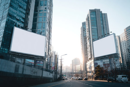 This image showcases a modern urban environment featuring towering buildings and blank billboards. The composition highlights geometric patterns with clean lines. The clear sky and sunlight create a bright atmosphere. Suitable for a variety of advertising or design projects, and offers ample copy space.の素材