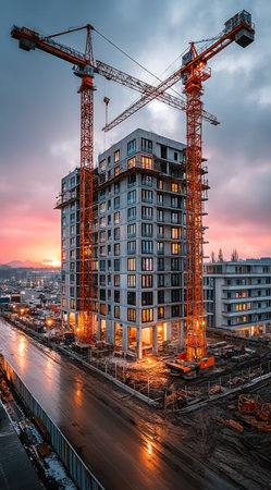 An aerial view showcases a high-rise building under construction with two towering cranes. The image displays the structure's framework, highlighting its progress. It features a palette of cool and warm colors. This scene could be used for architectural, engineering, or real estate-related content.の素材