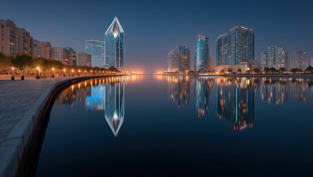 A tranquil cityscape showcases contemporary architecture mirrored in calm water during twilight. The image features tall buildings with bright illumination, reflecting the structures on the water surface. Soft lighting creates a serene ambiance, enhancing the architectural features and setting the scene for potential editorial and commercial applications.の素材