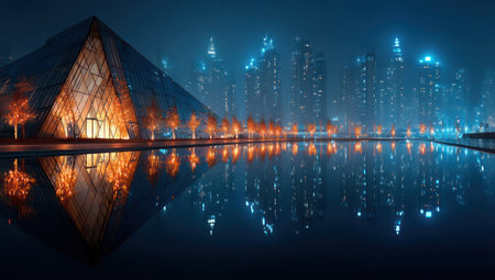 An illuminated pyramid-shaped structure and a modern cityscape are reflected in a tranquil body of water under a night sky. The composition showcases cool blues contrasted with warm orange and yellow lights. This image could be suitable for architectural design, travel, or conceptual projects.の素材
