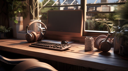 A well-lit interior scene presents a workspace featuring a computer, keyboard, and headphones. The desk is made of wood with surrounding plants. The composition uses warm colors and soft lighting, suggesting a comfortable environment. This setting is suitable for various commercial uses, including website design or editorial content.の素材